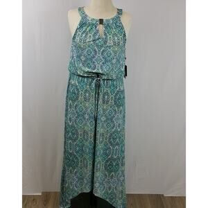 NWT Rafaella blue printed maxi empress, asymmetrical dress lapiz drawstring sz S